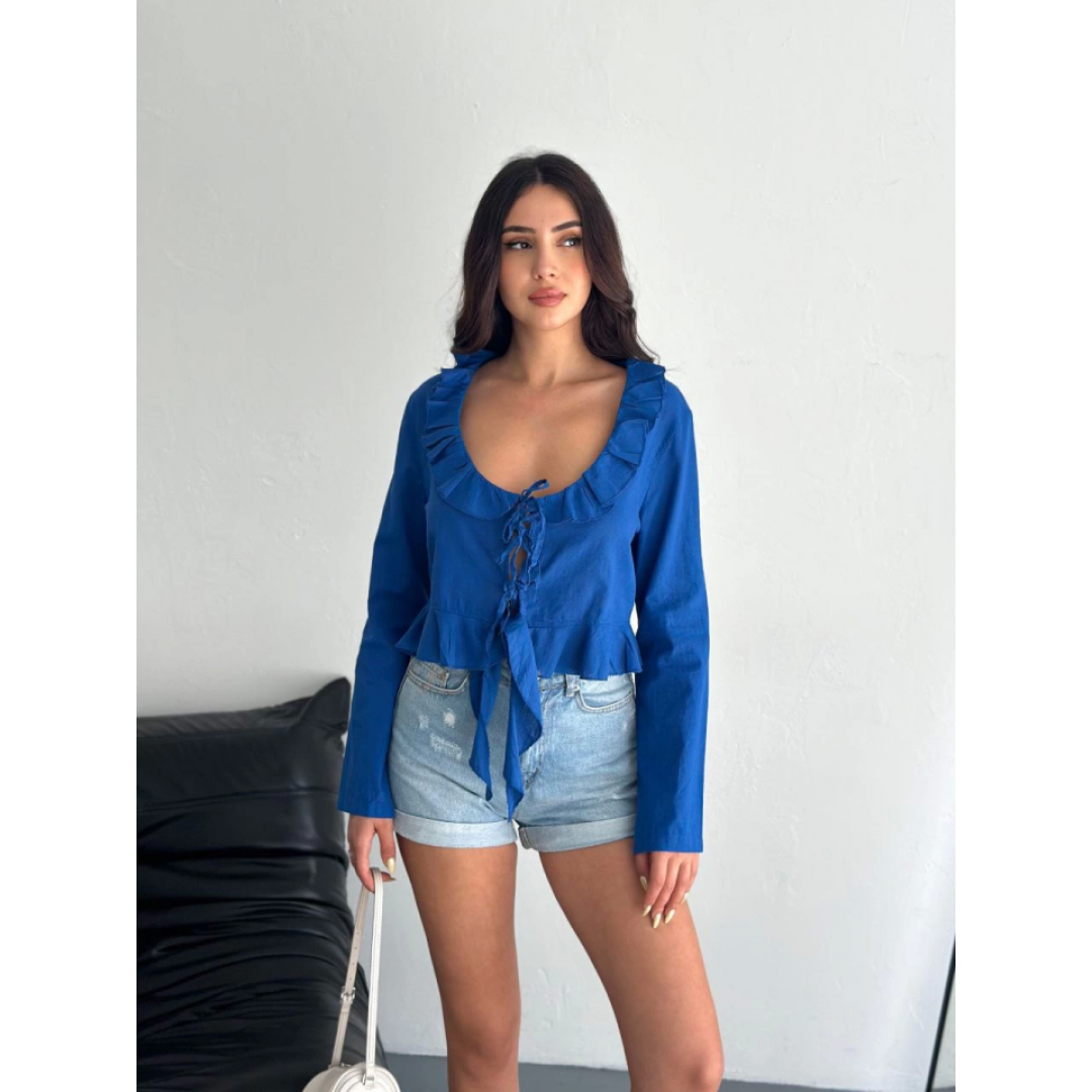 Keten Uzun Kol Bağacık Detaylı Bluz - Lacivert