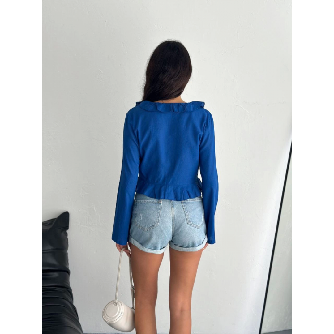 Keten Uzun Kol Bağacık Detaylı Bluz - Lacivert - 162339 Keten Uzun Kol Bağacık Detaylı Bluz - Lacivert - 162339