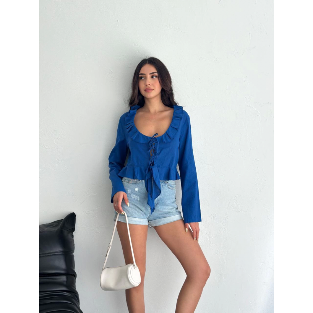 Keten Uzun Kol Bağacık Detaylı Bluz - Lacivert - 162339 Keten Uzun Kol Bağacık Detaylı Bluz - Lacivert - 162339
