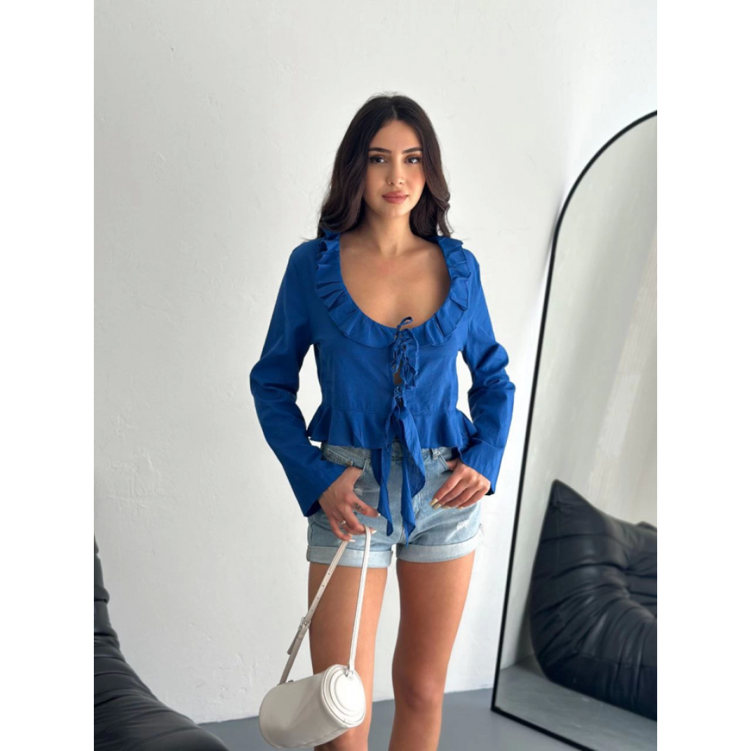 Keten Uzun Kol Bağacık Detaylı Bluz - Lacivert - 162339 Keten Uzun Kol Bağacık Detaylı Bluz - Lacivert - 162339