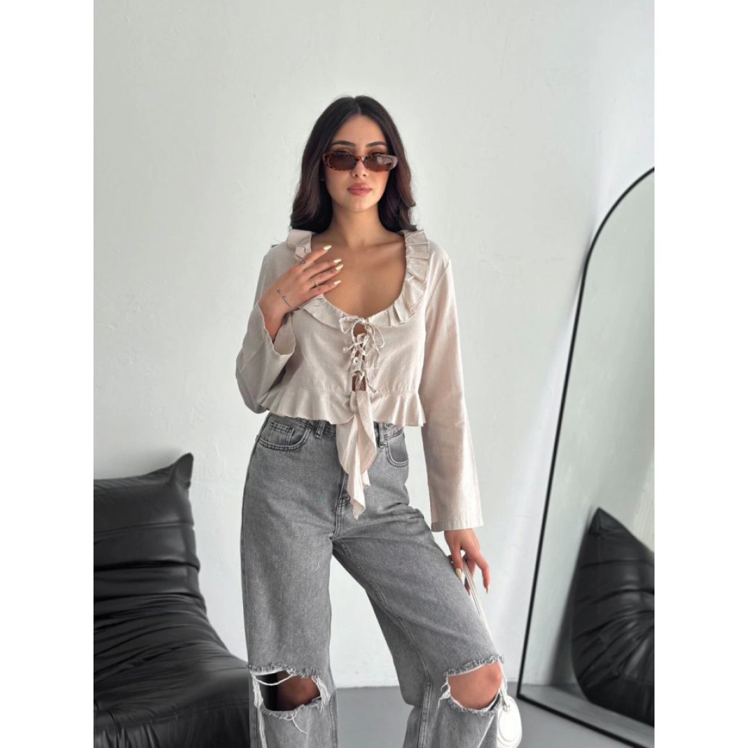 Keten Uzun Kol Bağacık Detaylı Bluz - Bej - 162340 Keten Uzun Kol Bağacık Detaylı Bluz - Bej - 162340