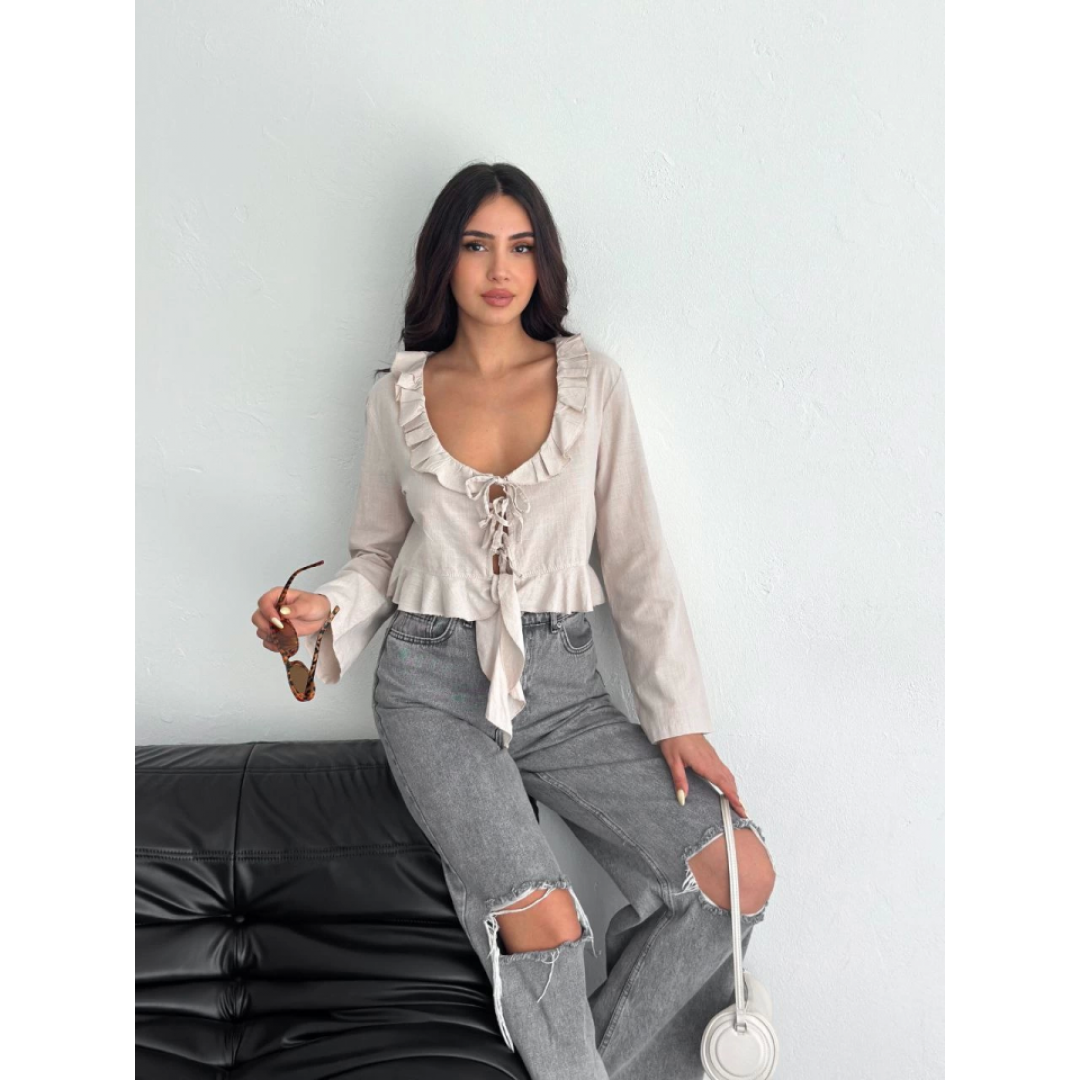 Keten Uzun Kol Bağacık Detaylı Bluz - Bej - 162340 Keten Uzun Kol Bağacık Detaylı Bluz - Bej - 162340