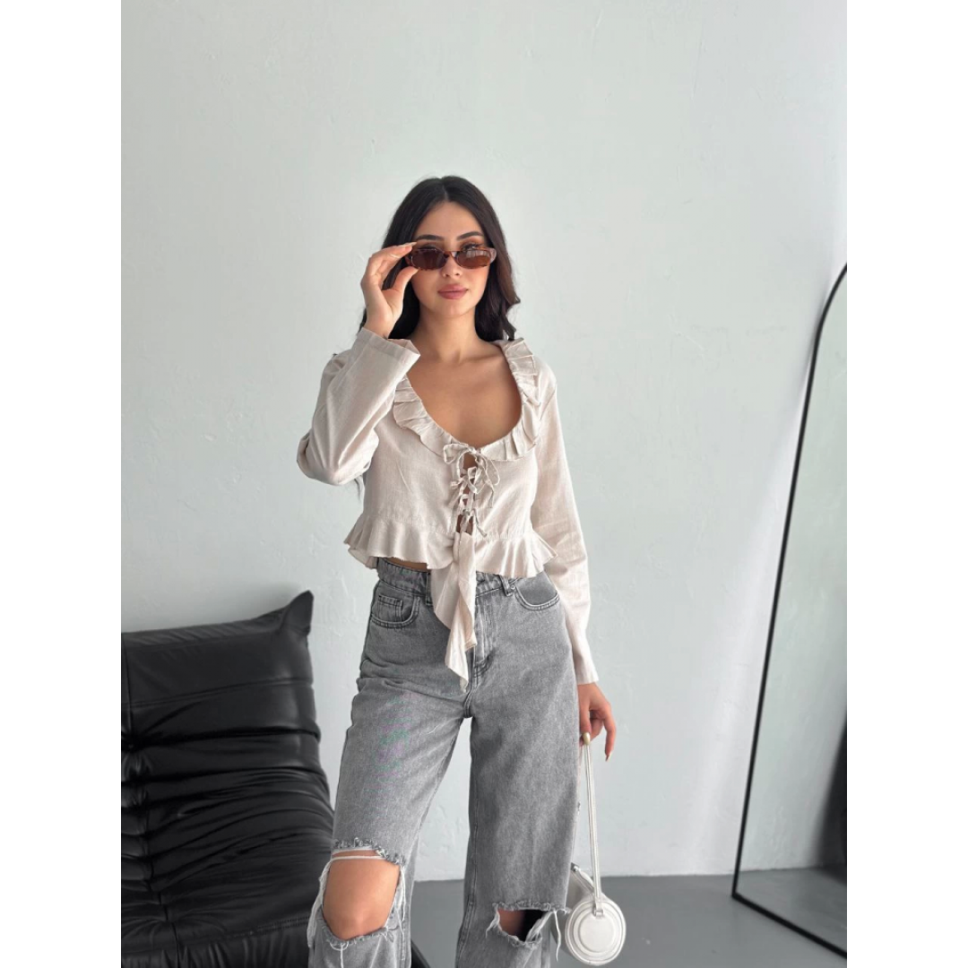 Keten Uzun Kol Bağacık Detaylı Bluz - Bej - 162340 Keten Uzun Kol Bağacık Detaylı Bluz - Bej - 162340