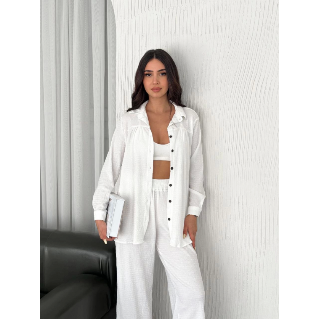 Yakalı Düğmeli Uzun Kollu Gömlek Pantolon Ikili Takım - Beyaz 162348 Yakalı Düğmeli Uzun Kollu Gömlek Pantolon Ikili Takım - Beyaz 162348
