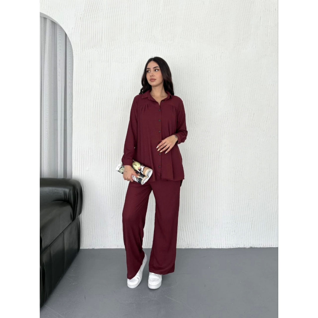 Yakalı Düğmeli Uzun Kollu Gömlek Pantolon Ikili Takım - Bordo 162349 Yakalı Düğmeli Uzun Kollu Gömlek Pantolon Ikili Takım - Bordo 162349