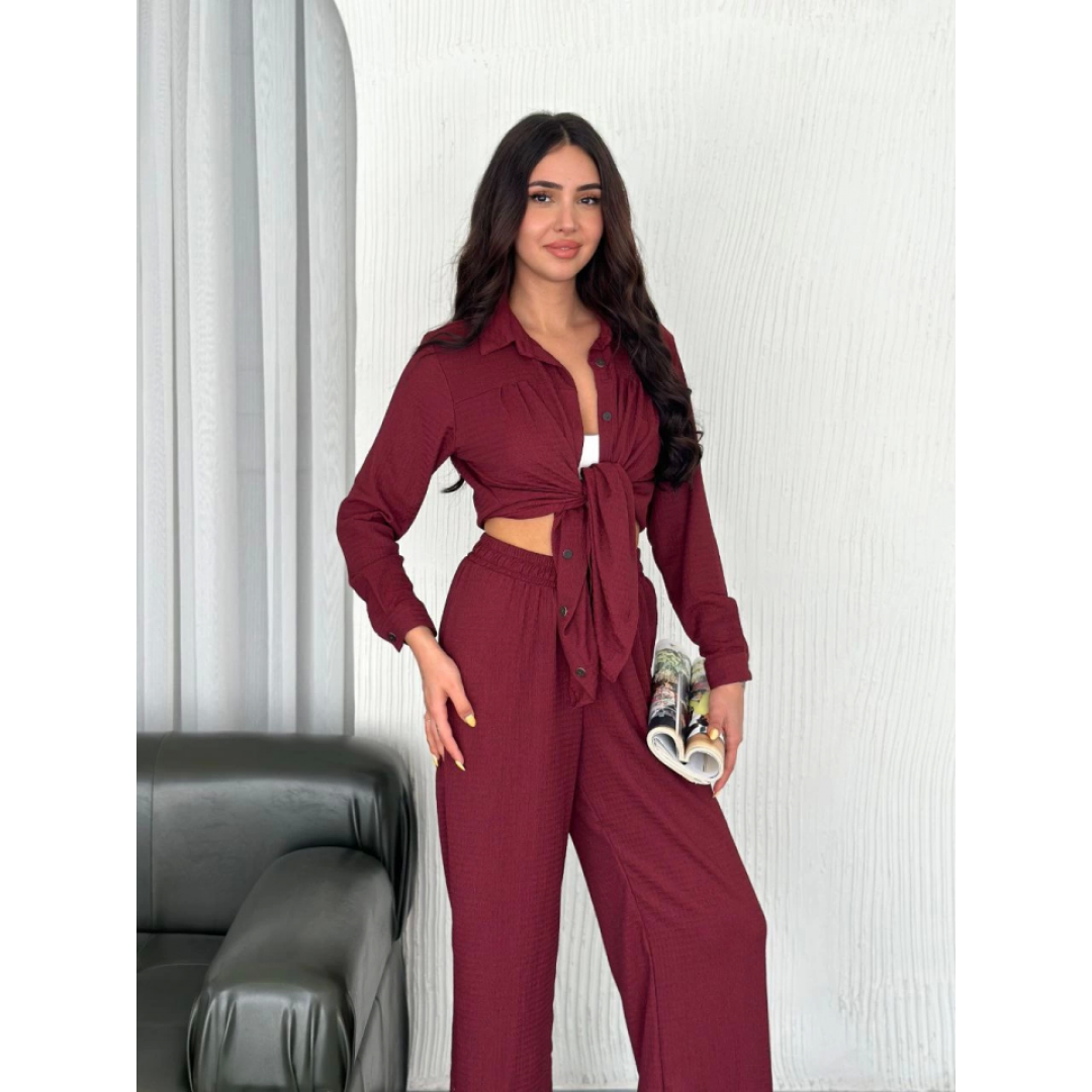 Yakalı Düğmeli Uzun Kollu Gömlek Pantolon Ikili Takım - Bordo 162349 Yakalı Düğmeli Uzun Kollu Gömlek Pantolon Ikili Takım - Bordo 162349