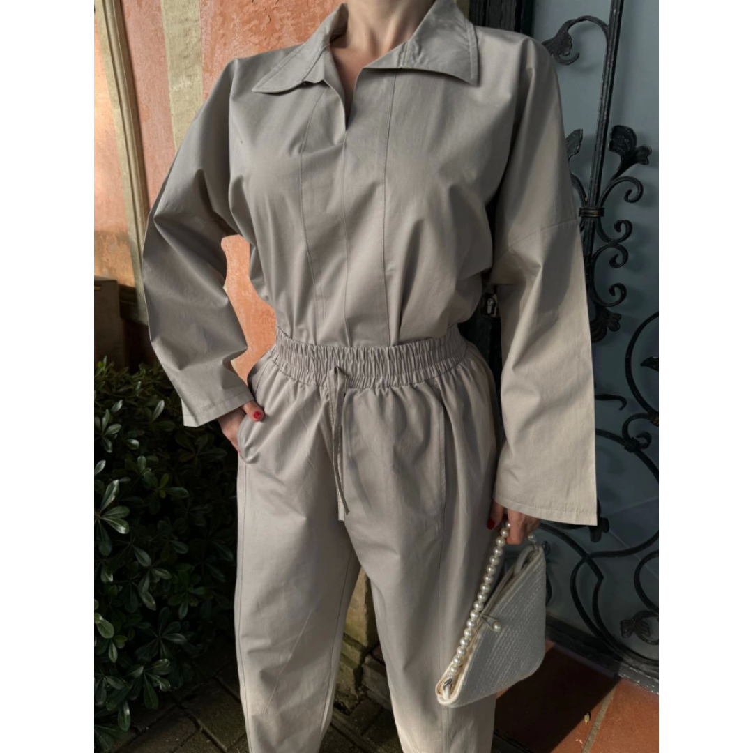 Uzun Kollu Yakalı Gömlek Pantalon Takım- Gri
