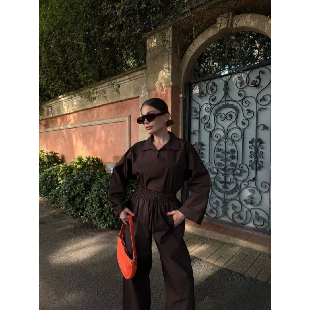 Uzun Kollu Yakalı Gömlek Pantalon Takım- Kahverengi 162813 Uzun Kollu Yakalı Gömlek Pantalon Takım- Kahverengi 162813