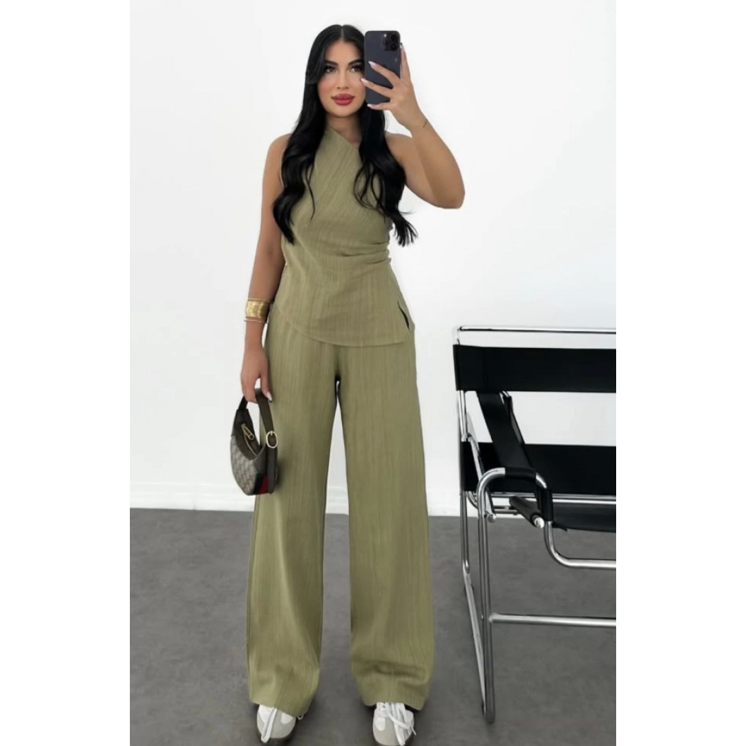 Keten Asimetrik Tek Omuzlu Bluz Pantalon Takım- Su Yeşili 162885 Keten Asimetrik Tek Omuzlu Bluz Pantalon Takım- Su Yeşili 162885