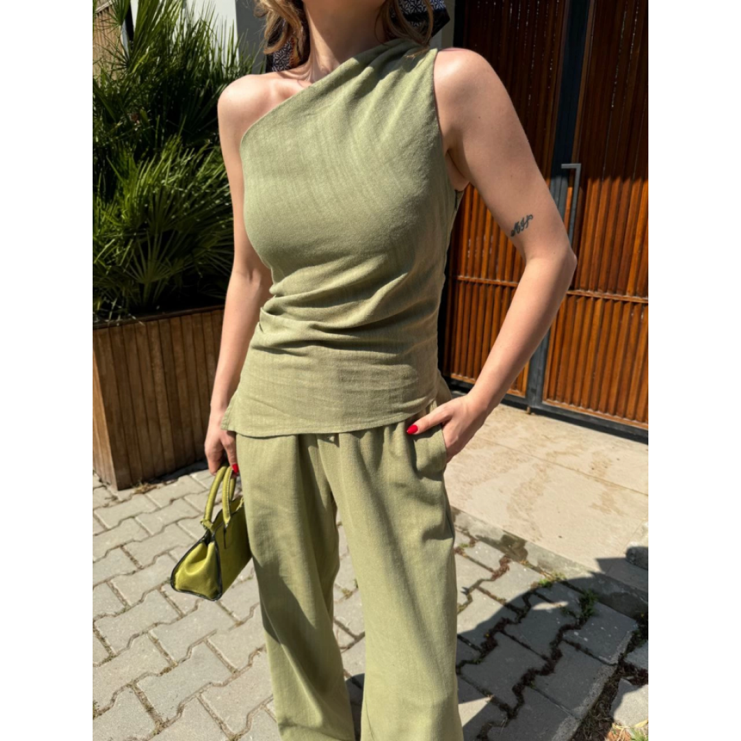 Keten Asimetrik Tek Omuzlu Bluz Pantalon Takım- Su Yeşili 162885 Keten Asimetrik Tek Omuzlu Bluz Pantalon Takım- Su Yeşili 162885