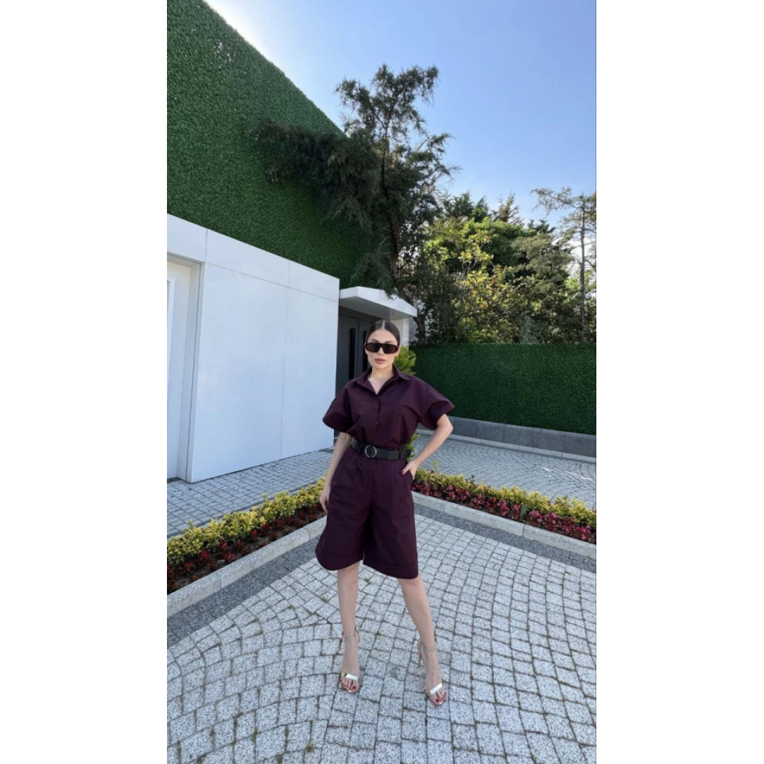 Yakalı Gömlek Kemerli Şortlu Takım - Bordo