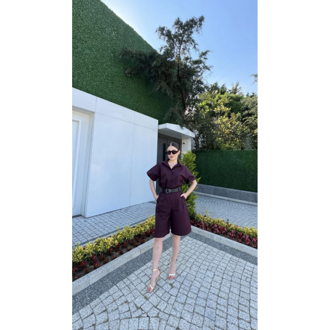 Yakalı Gömlek Kemerli Şortlu Takım - Bordo 162889 Yakalı Gömlek Kemerli Şortlu Takım - Bordo 162889