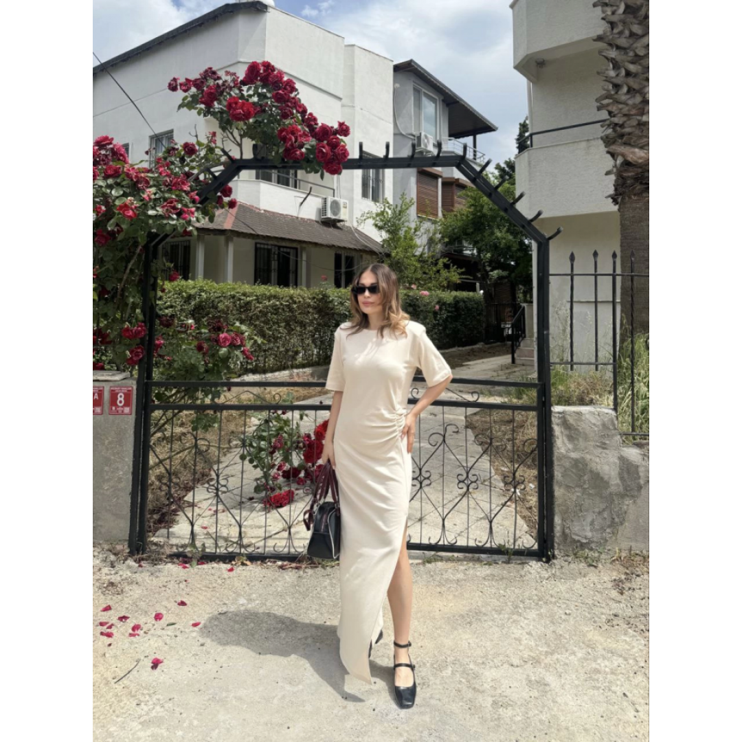 Kısa Kollu Uzun Yandan Yırtmaçlı Elbise - Beyaz 162891