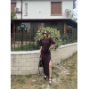 Kısa Kollu Uzun Yandan Yırtmaçlı Elbise - Kahverengi 162892